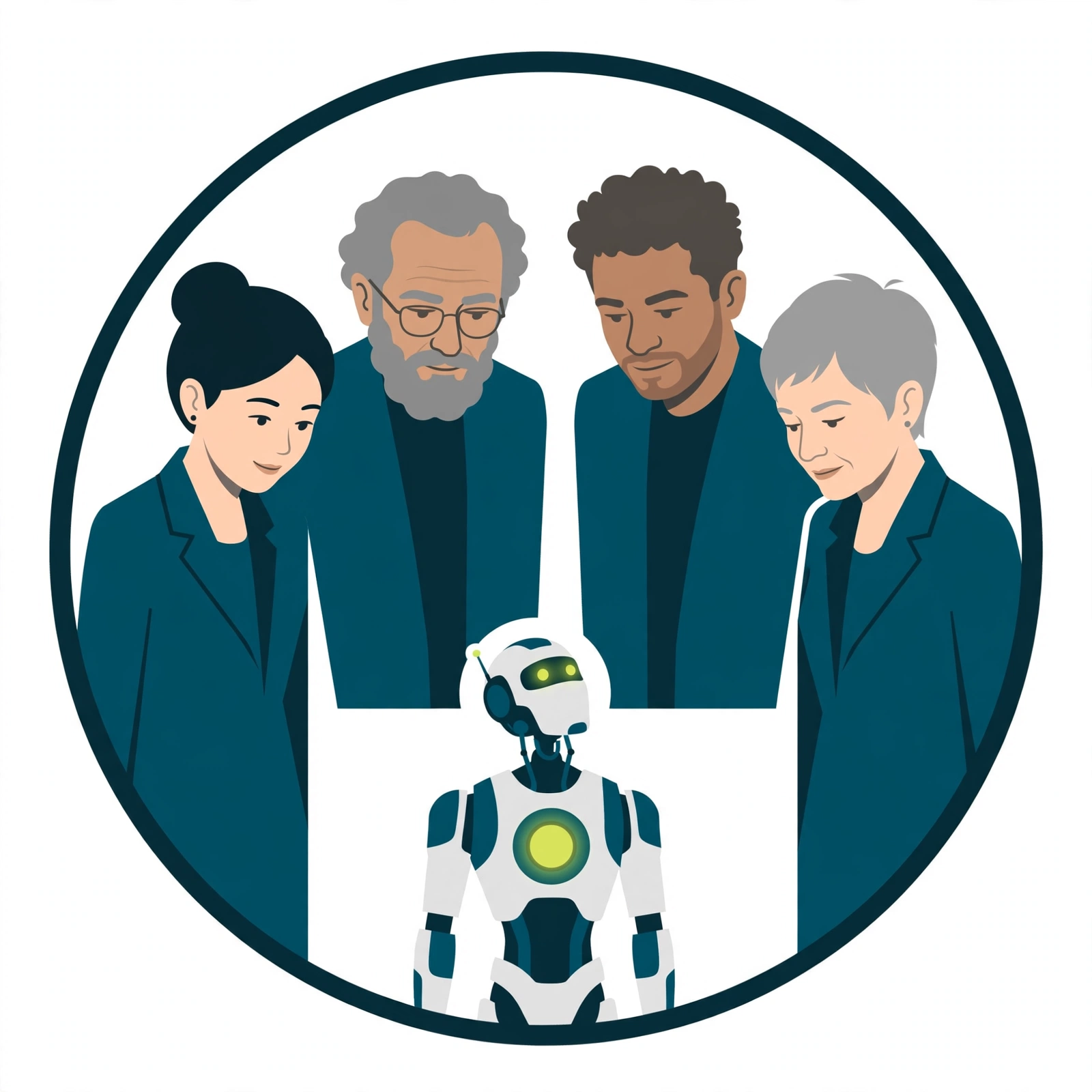 HumanEdge Academy emblem: four diverse human educators supervising a humanoid AI assistant